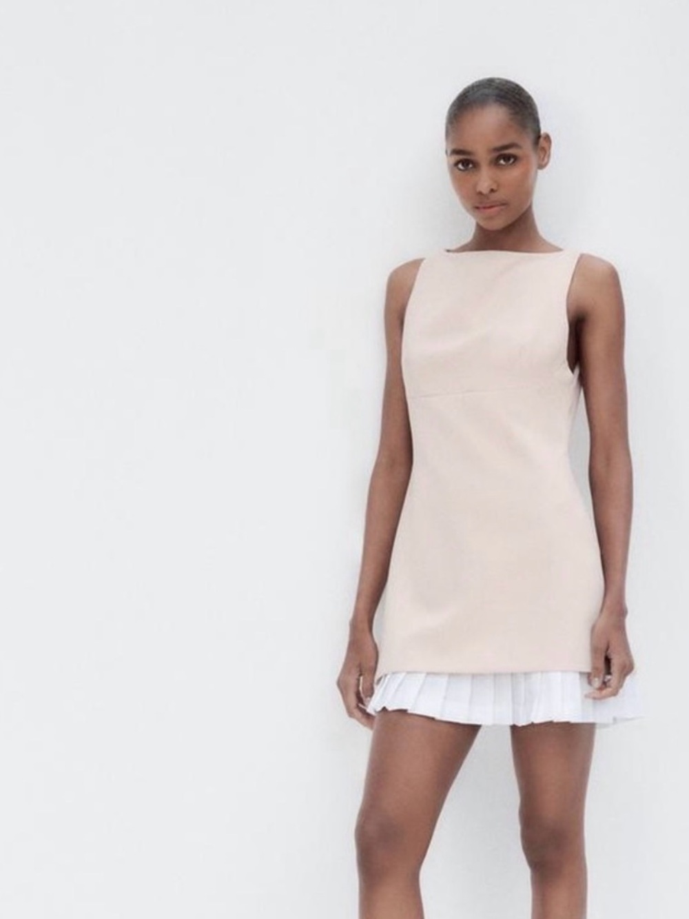 Zara Pale Blush Shift Dress with White Pleated Hem